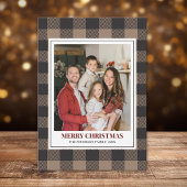 Brown Buffalo Plaid with Christmas Family Photo Feestdagenkaart