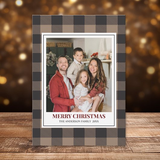 Brown Buffalo Plaid with Christmas Family Photo Feestdagenkaart