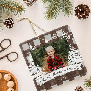 Brown Buffalo Pset Rustic Pine Trees Familie Foto Keramisch Ornament