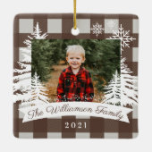 Brown Buffalo Pset Rustic Pine Trees Familie Foto Keramisch Ornament (Achterkant)