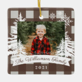 Brown Buffalo Pset Rustic Pine Trees Familie Foto Keramisch Ornament (Voorkant)