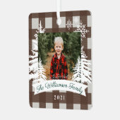 Brown Buffalo Pset Rustic Pine Trees Familie Foto Metalen Ornament (Voorkant links)