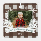 Brown Buffalo Pset Rustic Pine Trees Familie Foto Metalen Ornament (Voorkant)
