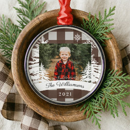 Brown Buffalo Pset Rustic Pine Trees Familie Foto Metalen Ornament