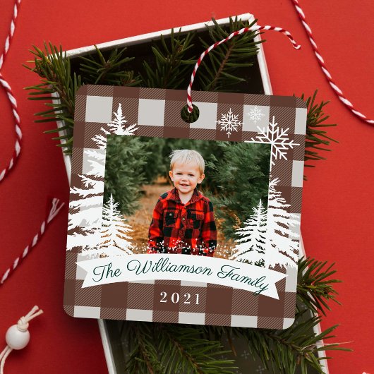 Brown Buffalo Pset Rustic Pine Trees Familie Foto Metalen Ornament