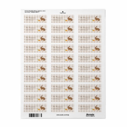Brown Bunny And Carrots Beige Gingham Easter Etiket (Full Sheet)