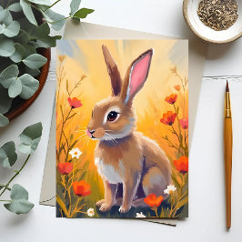 Brown Bunny Floral Field Animal Painting Card