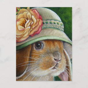 Brown Bunny Rabbit in Spring Bonnet Waterverf Art Briefkaart