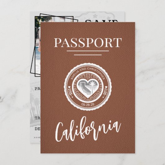 Brown California Passport Bewaar de datum Save The Date (Voorkant / Achterkant)