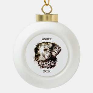 Brown Canine Head Schets Naam en Jaar Keramische Bal Ornament