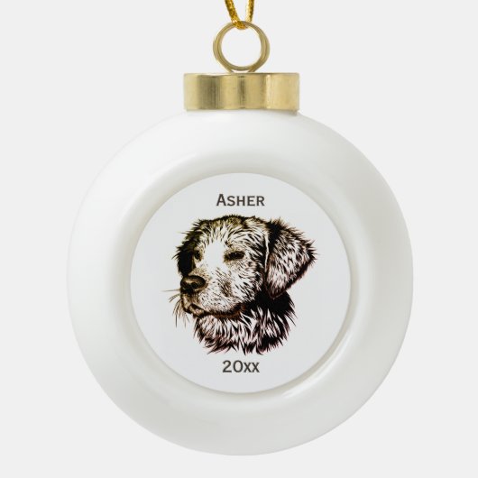 Brown Canine Head Schets Naam en Jaar Keramische Bal Ornament (Voorkant)