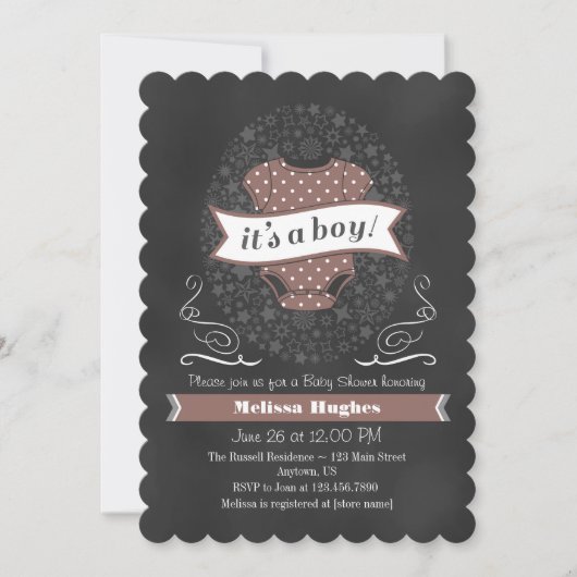 Brown Chalkboard Boy Baby shower nodigt uit Kaart (Voorkant)