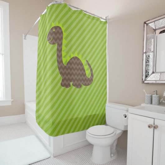 Brown Chevron Dragon over groene streep Douchegordijn (In situ)