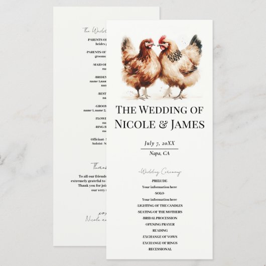 Brown Chickens Watercolor Country Wedding Program Menu (Voorkant / Achterkant)