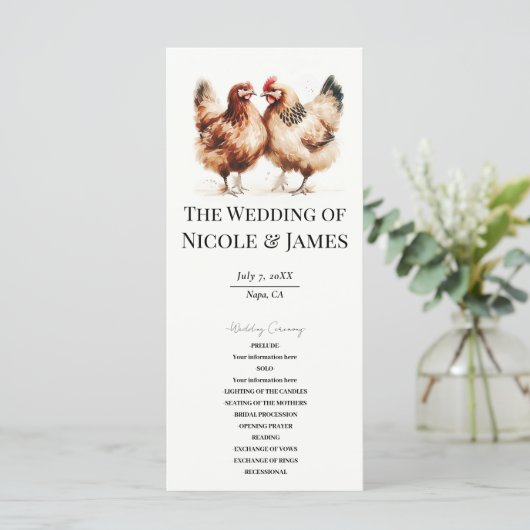 Brown Chickens Watercolor Country Wedding Program Menu (Staand voorkant)