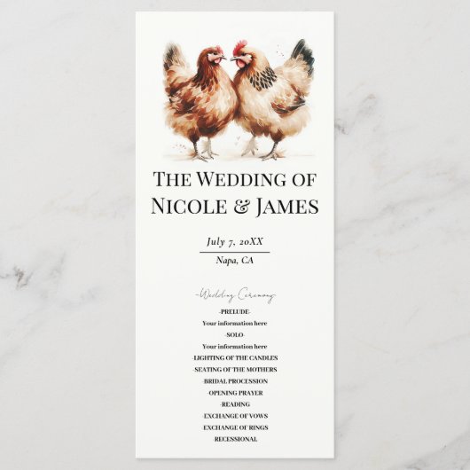 Brown Chickens Watercolor Country Wedding Program Menu (Voorkant)