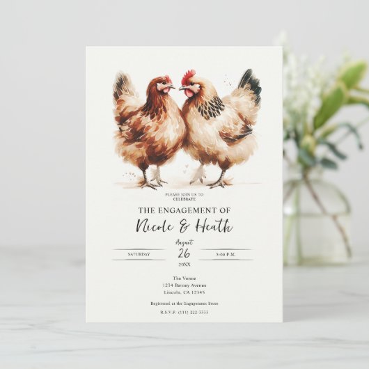 Brown Chickens Waterverf Rustieke Verlovingsfeest Kaart (Staand voorkant)