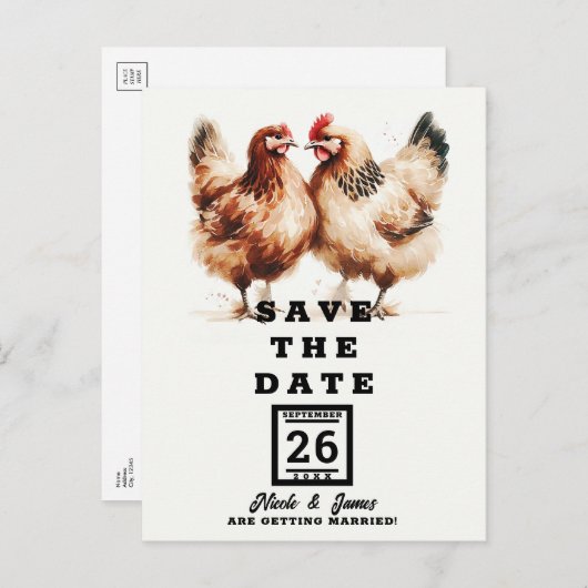 Brown Chickens Waterverf Wedding Save the Date Aankondigingskaart (Voorkant / Achterkant)