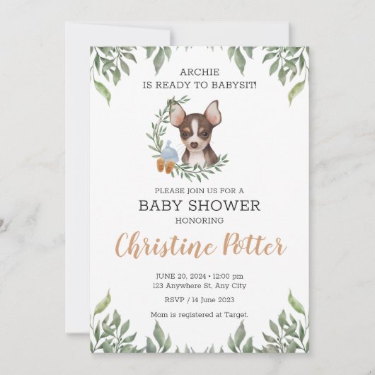Brown Chihuahua Dog Boy Boho Greenery Baby shower Kaart (Voorkant)