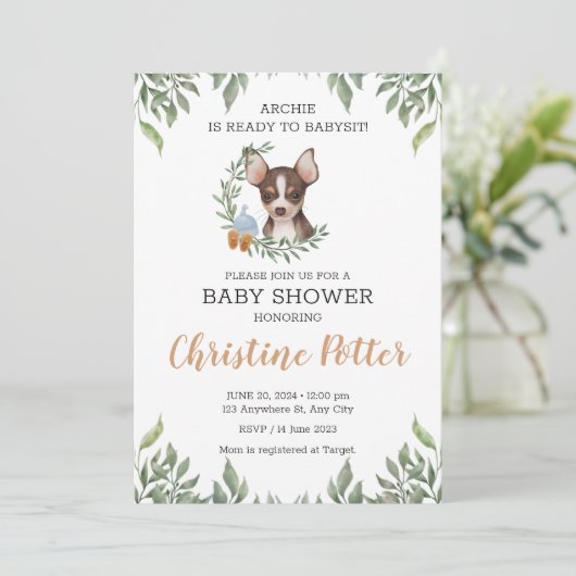 Brown Chihuahua Dog Boy Boho Greenery Baby shower Kaart (Staand voorkant)