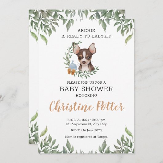 Brown Chihuahua Dog Boy Boho Greenery Baby shower Kaart (Voorkant / Achterkant)