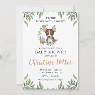 Brown Chihuahua Dog Boy Boho Greenery Baby shower Kaart