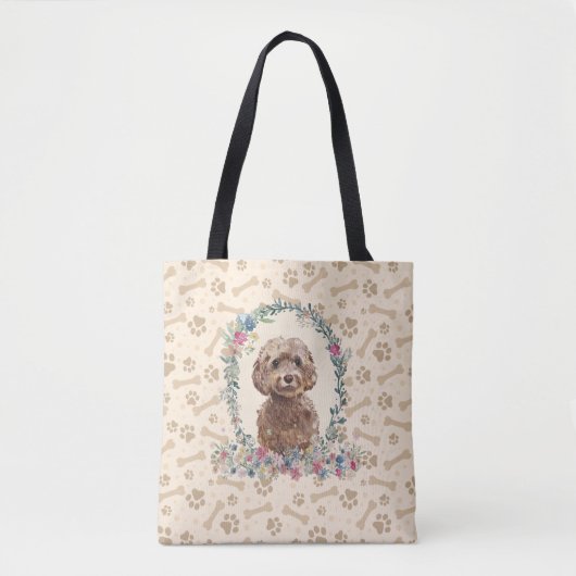 Brown Cockapoo Dog Paw Print & Dog Bone Cute Tote Bag (Voorkant)