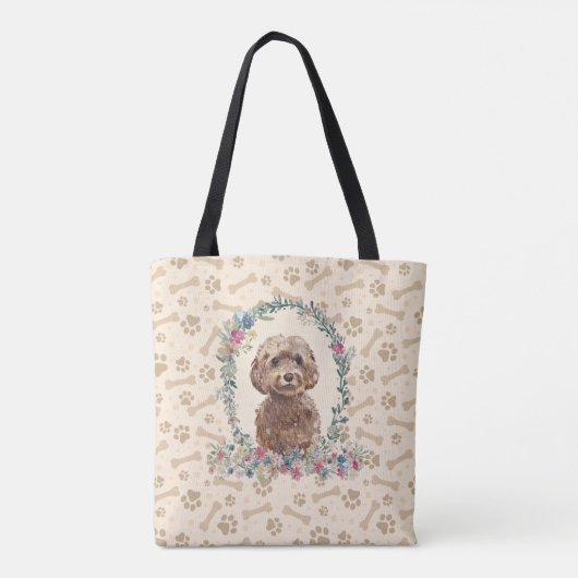 Brown Cockapoo Dog Paw Print & Dog Bone Cute Tote Bag (Achterkant)