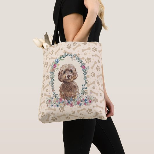Brown Cockapoo Dog Paw Print & Dog Bone Cute Tote Bag (Dichtbij)