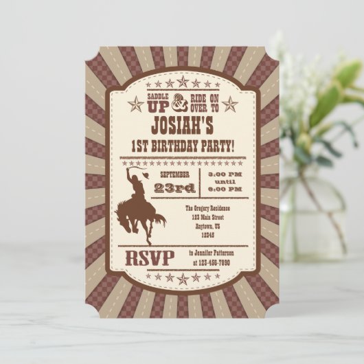 Brown Cowboy Rodeo Birthday Party Invitation Kaart (Staand voorkant)