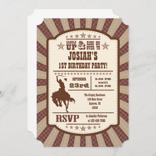 Brown Cowboy Rodeo Birthday Party Invitation Kaart (Voorkant / Achterkant)