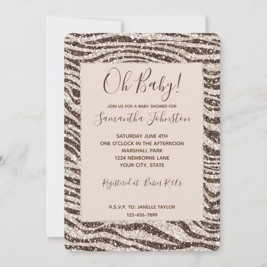 Brown Cream Blush Zebra Glitter Baby shower Kaart (Voorkant)