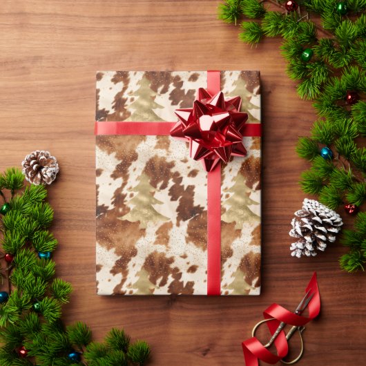 Brown Cream Cowhide Gold Confetti Christmas Tree Cadeaupapier (Feestdagen Geschenken)
