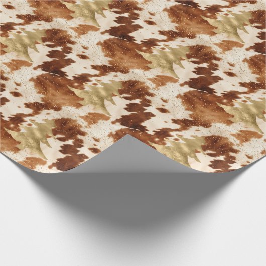 Brown Cream Cowhide Gold Confetti Christmas Tree Cadeaupapier (Hoek)