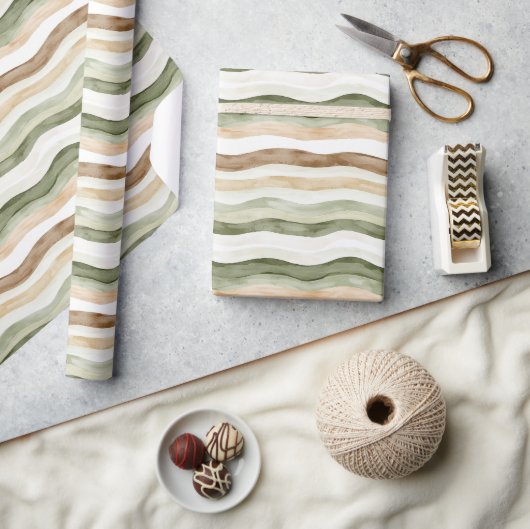 Brown Cream Green Stripes Cadeaupapier (Crafts)