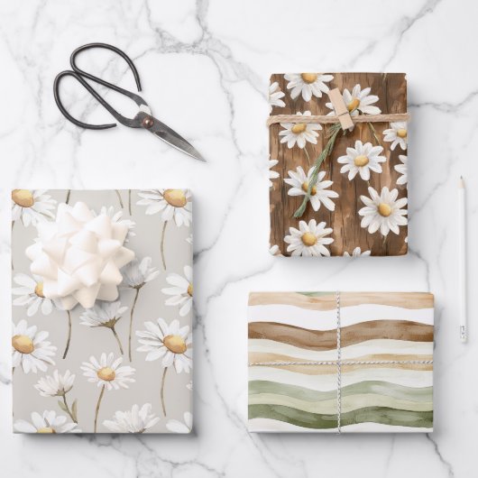 Brown Cream Green Stripes Daisy Floral Birthday Inpakpapier Vel (Voorkant)