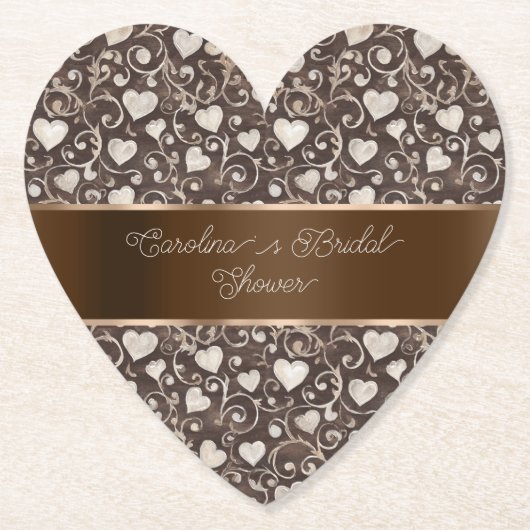 Brown Cream Hearts Ribbon Bridal Shower Kartonnen Onderzetters (Voorkant)