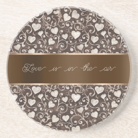 Brown Cream Hearts Ribbon   Zandsteen Onderzetter (Voorkant)