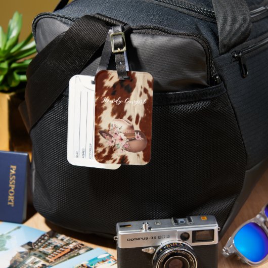 Brown Cream Koeienhuid Cowgirl Bloemen Pet Bagagelabel (Voorkant & Achterkant)