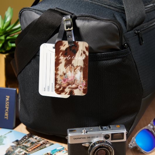 Brown Cream Koeienhuid Cowgirl Bloemenlaarzen Bagagelabel (Voorkant & Achterkant)