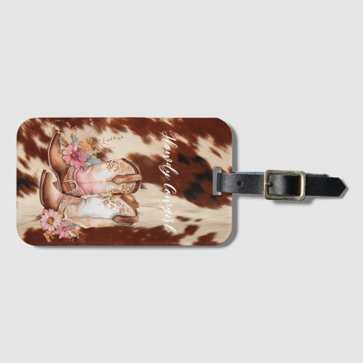 Brown Cream Koeienhuid Cowgirl Bloemenlaarzen Bagagelabel (Voorkant (horizontaal))