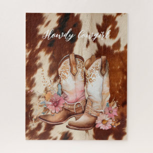 Brown Cream Koeienhuid Cowgirl Bloemenlaarzen Legpuzzel