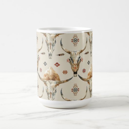 Brown Cream Tribal Native Feathers Skulls Koffiemok (Center)