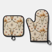 Brown Cream Tribal Native Feathers Skulls Ovenwant & Pannenlap Set (Voorkant)