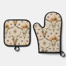 Brown Cream Tribal Native Feathers Skulls Ovenwant & Pannenlap Set