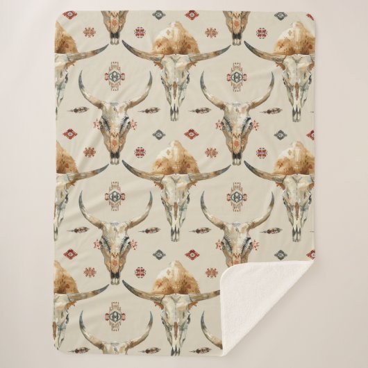 Brown Cream Tribal Native Feathers Skulls Sherpa Deken (Voorkant)