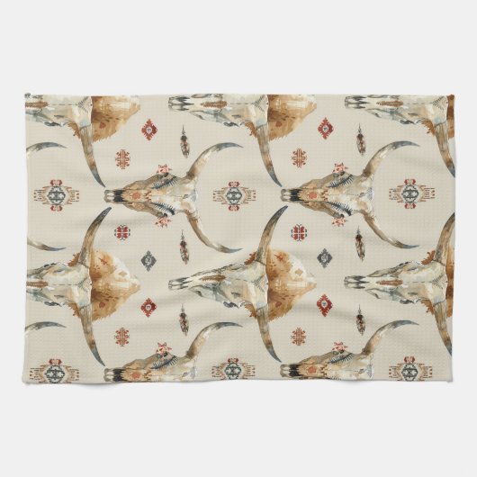 Brown Cream Tribal Native Feathers Skulls Theedoek (Horizontaal)