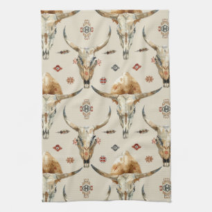 Brown Cream Tribal Native Feathers Skulls Theedoek