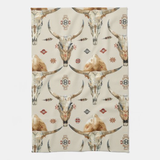 Brown Cream Tribal Native Feathers Skulls Theedoek (Verticaal)