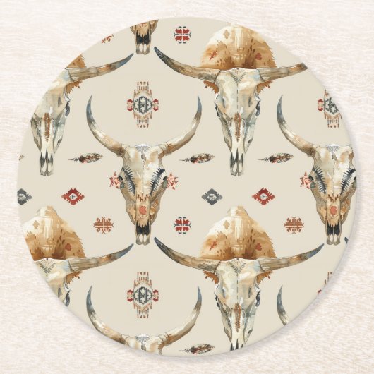 Brown Cream Tribal Native Feathers Verjaardag Ronde Kartonnen Onderzetter (Voorkant)